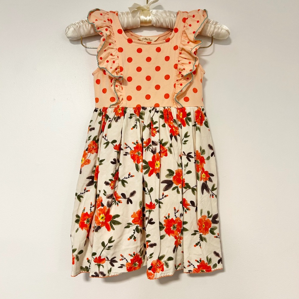 Matilda Jane Girls Size 6 Polka Dot Floral Ruffle Dress Peach Orange Sleeveless